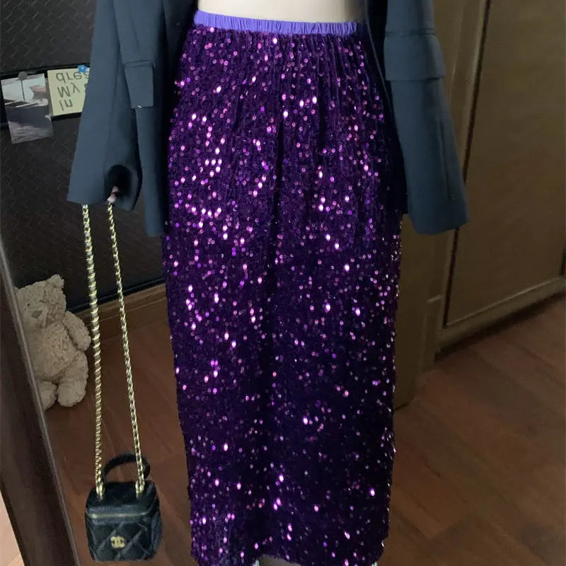 Sequin Elastic Waist A-Line Midi Skirt for Women – Casual Solid Color Summer Skirt