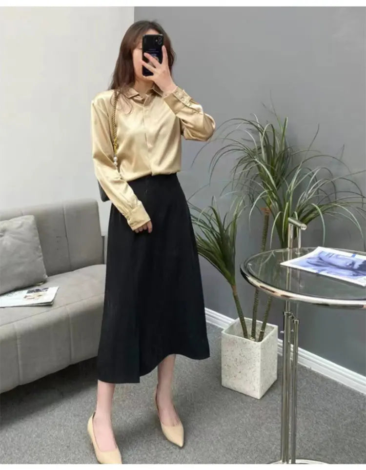 Women's 93% Mulberry Silk 7% Spandex 19 momme satin Silk Buttons down long sleeve shirt Top Blouse office work M L XL MM161