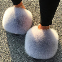 Extra Large Real Fox Raccoon Fur Slides - Designer Beach Sandals with Plush Furry Detailing for Women