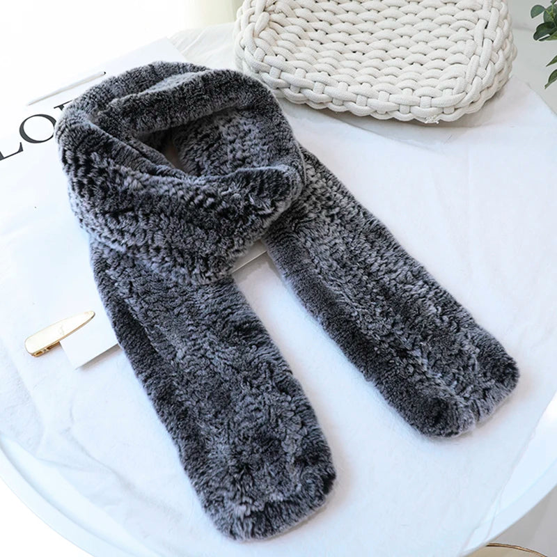 Women's Real Rex Rabbit Fur Knitted Winter Scarf– Luxury Wrap & Neck Warmer 170cm