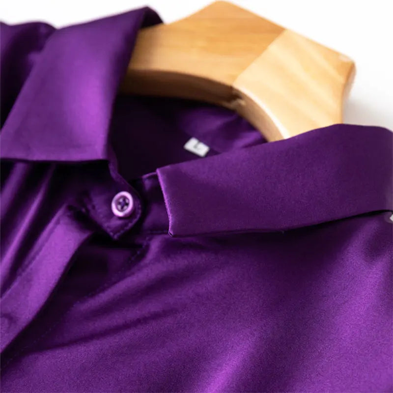 Women's 93% Mulberry Silk 7% Spandex 19 momme satin Silk Buttons down long sleeve shirt Top Blouse office work M L XL MM161