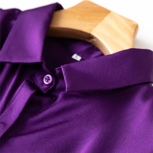 Women's 93% Mulberry Silk 7% Spandex 19 momme satin Silk Buttons down long sleeve shirt Top Blouse office work M L XL MM161 - HER SHOP