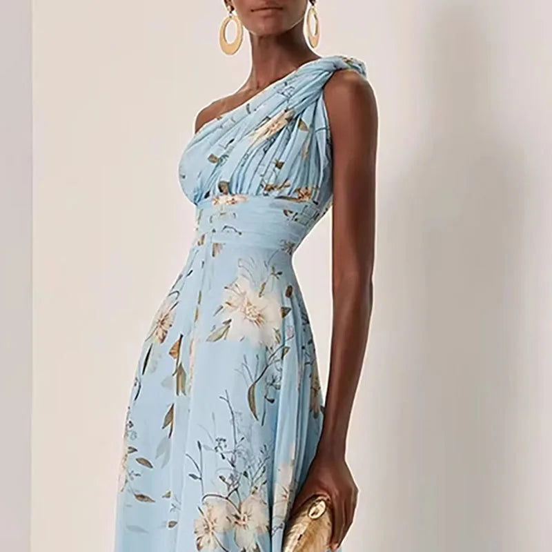 Skew Collar Backless Floral A-Line Summer Dress