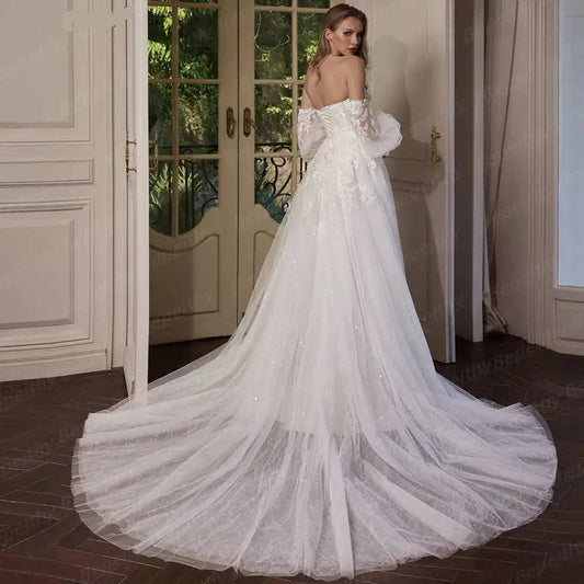 Woman in a white wedding dress with a long train in an elegant room. - HER SHOP