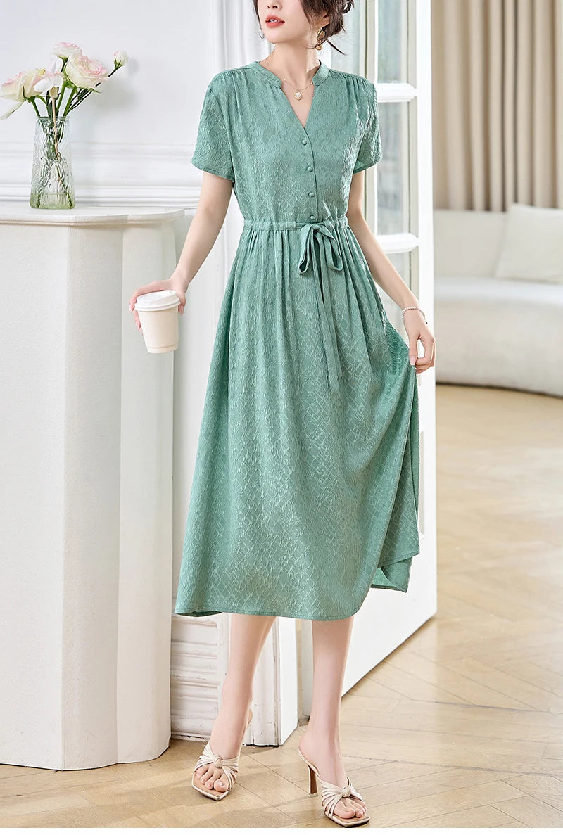 19 Momme Real Silk Elegant Fashion Dresses For Women 2026 Summer V-neck Short Sleeve Drawstring Office Lady Long Dress A-line