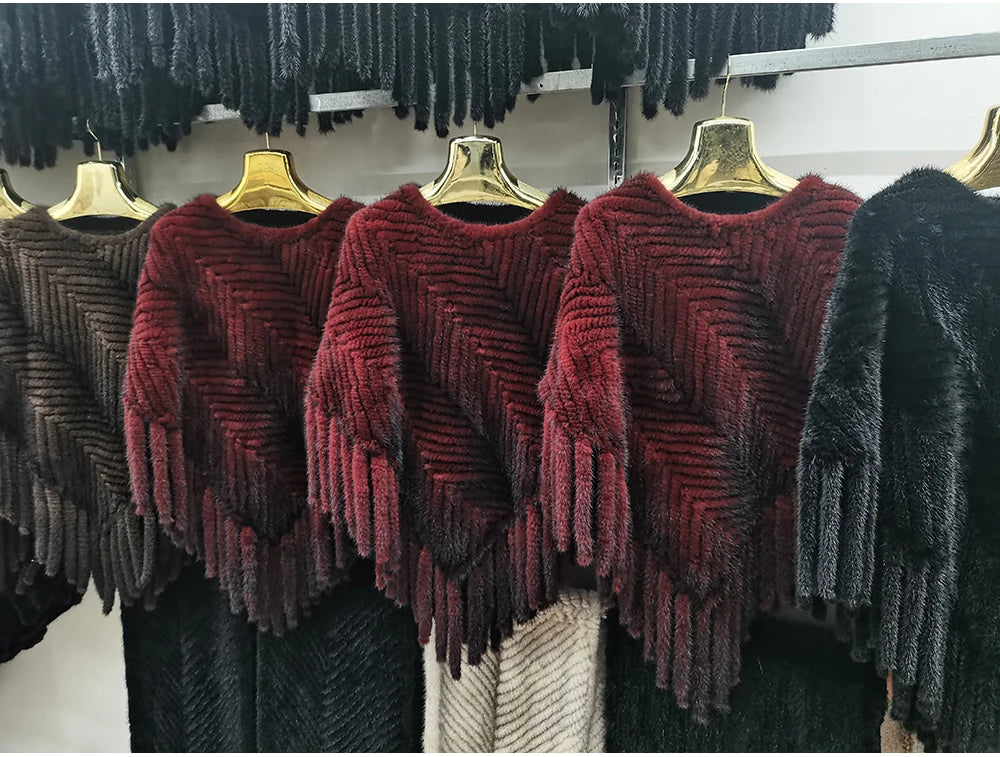 2024 Hot Sale Women Real Fur Poncho Black Brown Knitted Natural Mink Fur Scarves Shawl Lady Fashion 100% Genuine Mink Fur Shawls