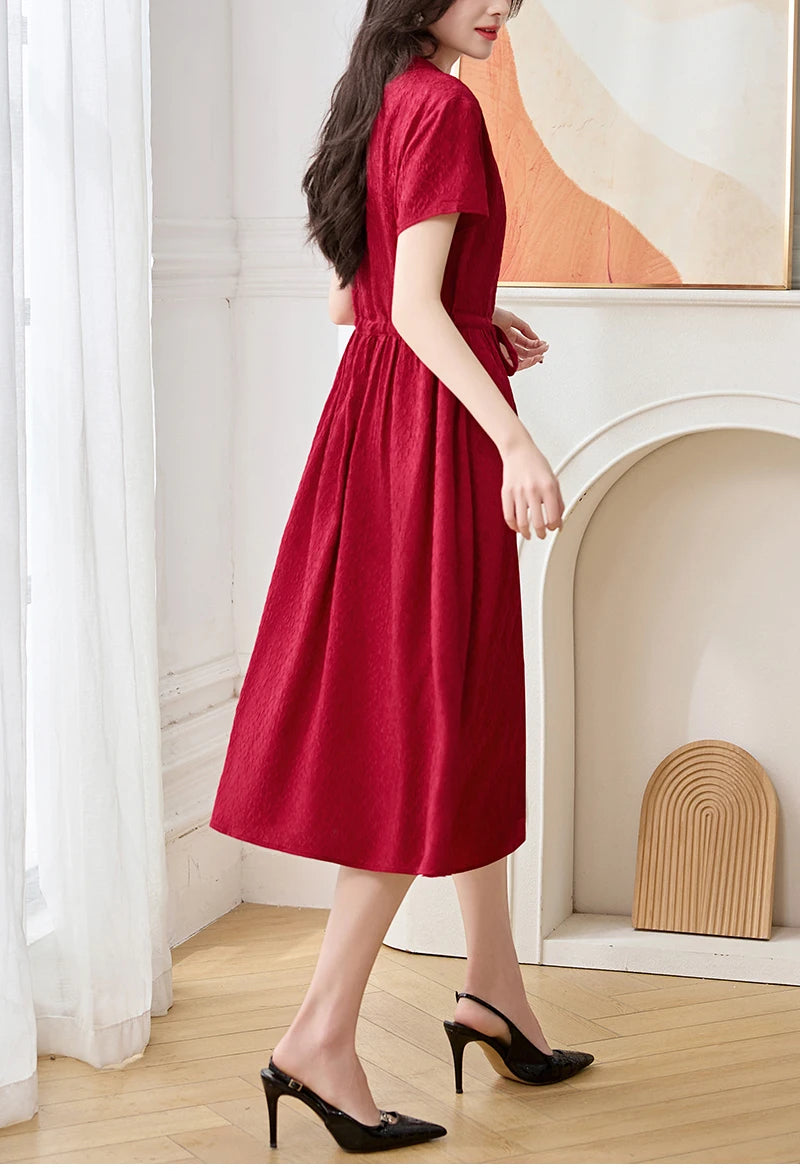 19 Momme Real Silk Elegant Fashion Dresses For Women 2026 Summer V-neck Short Sleeve Drawstring Office Lady Long Dress A-line