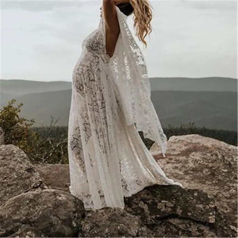 Maternity Lace V-Neck Long Dress â€“ Bohemian Batwing Sleeve Pregnancy Photoshoot Gown
