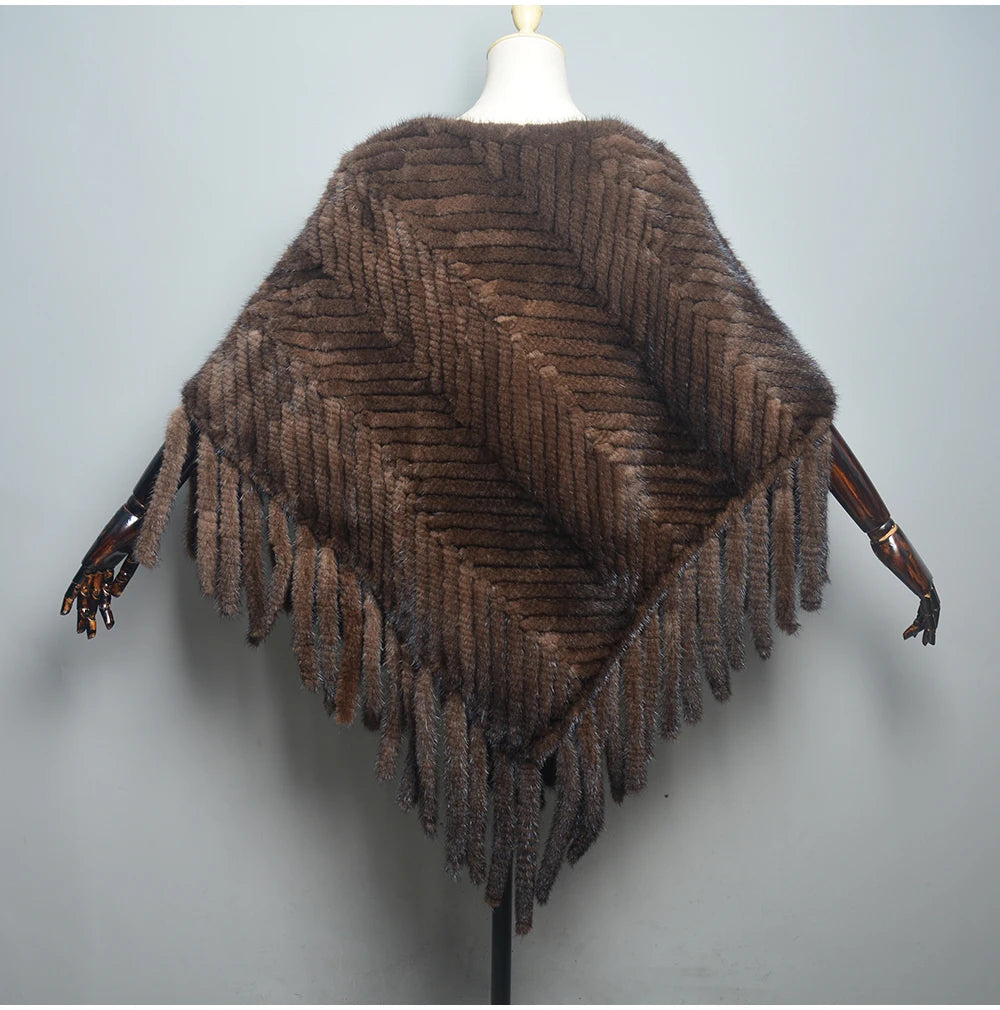 2024 Hot Sale Women Real Fur Poncho Black Brown Knitted Natural Mink Fur Scarves Shawl Lady Fashion 100% Genuine Mink Fur Shawls