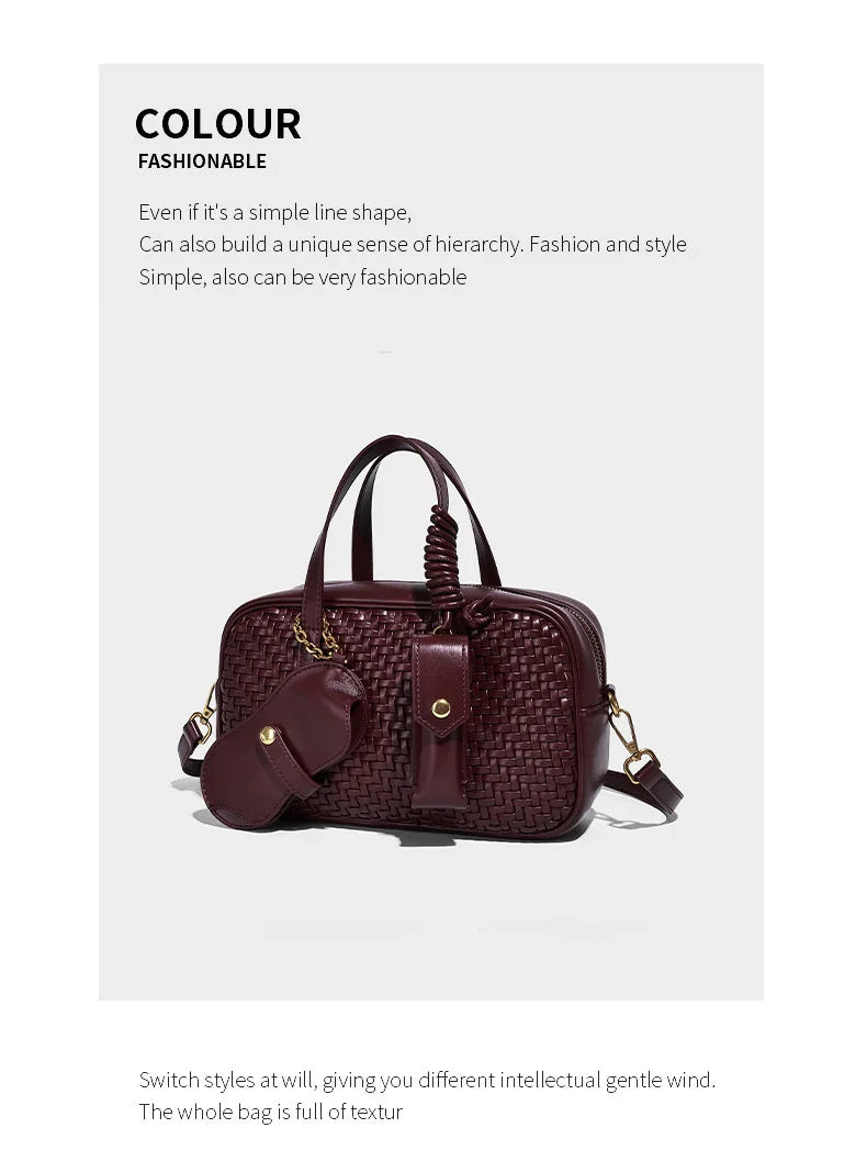 Women's Boston Bag 2025 Fall Winter New Woven Bowling Bag Unique Design Handheld Pack Trendy Light Luxury PU Leather Handbag