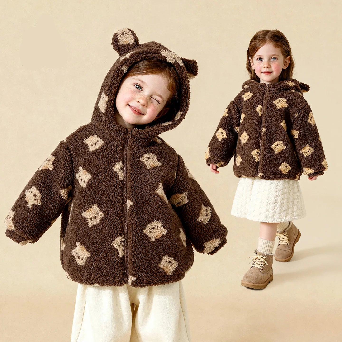 Child wearing a brown teddy bear patterned coat with another child in a similar outfit on a beige background, featuring the Amila brand.