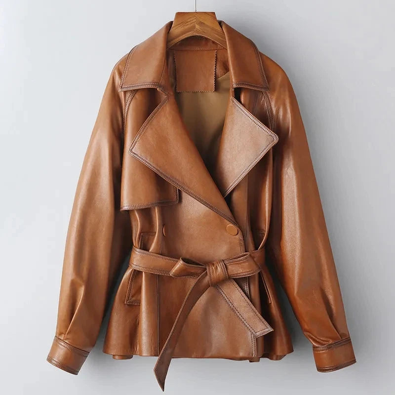 Vintage Brown Real Sheepskin Leather Jacket for Women – Lapel Collar Belted Design, First-Layer Leather, Casual Fashion Outerwear - HER SHOP
