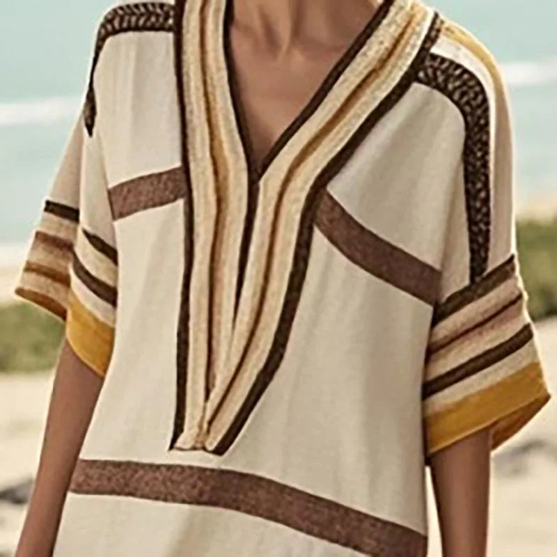 2026 Vintage Striped Midi Dress – Casual V-Neck Short Sleeve Summer & Spring Vacation Dress for Women