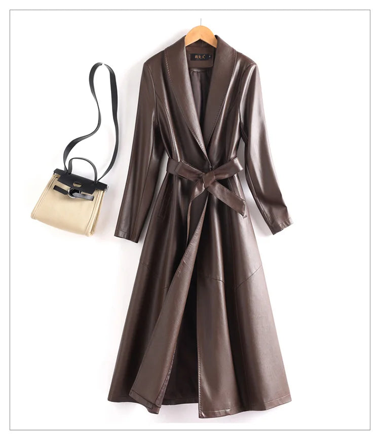 New Elegant Women’s Split Leather Trench Coat | Slim Waist Belted Long Coat with Suit Collar | Spring & Autumn Fashion Casual Outerwear