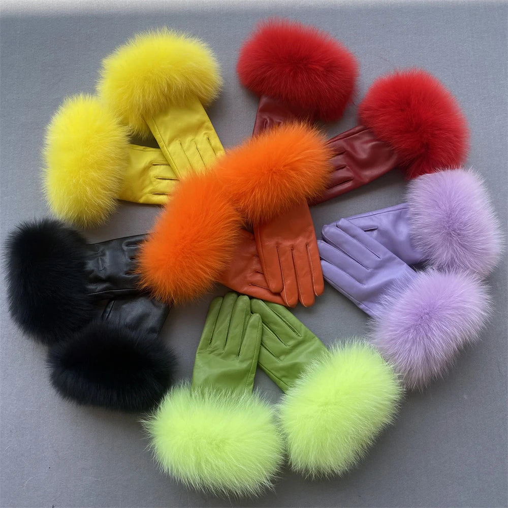 Luxury Fox Fur & Genuine Sheepskin Leather Gloves for Women – Winter Warm Driving Mittens with Real Fur Cuffs