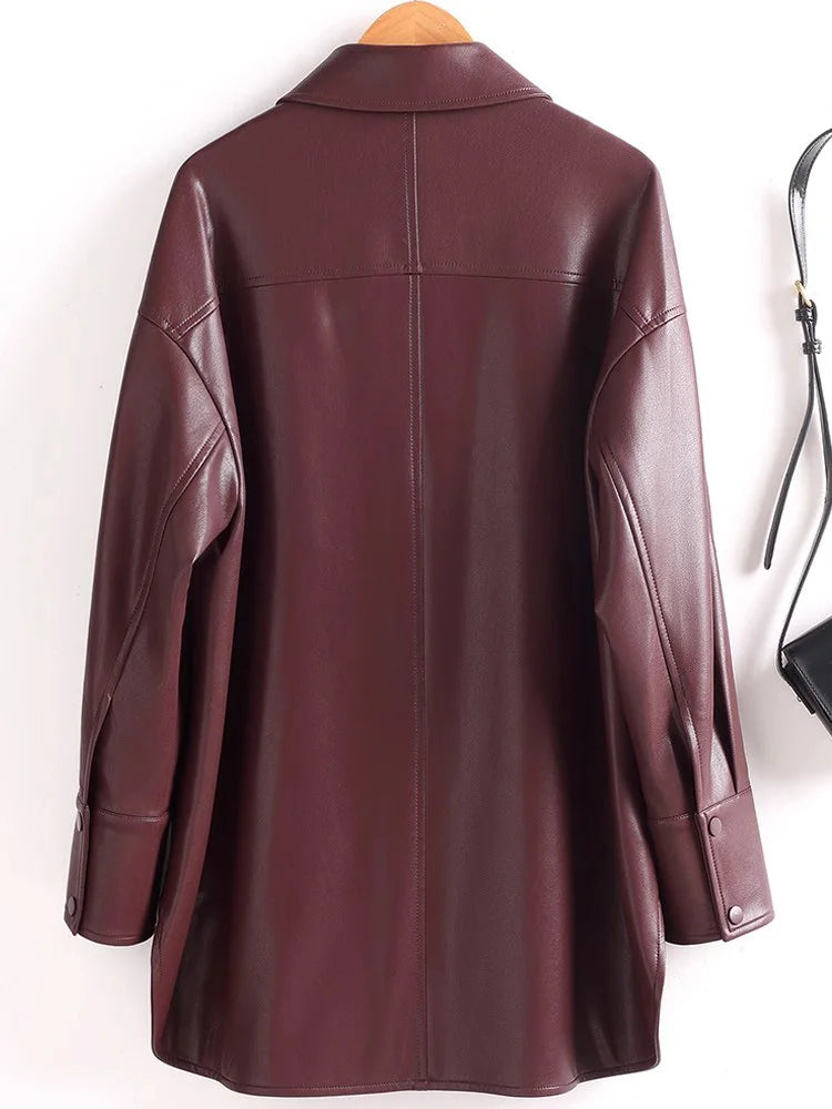 Women’s Split Leather Long Coat – Turn-Down Collar, Single-Breasted Casual Outerwear for Spring & Autumn