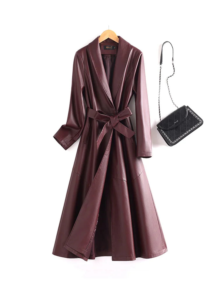 New Elegant Women’s Split Leather Trench Coat | Slim Waist Belted Long Coat with Suit Collar | Spring & Autumn Fashion Casual Outerwear