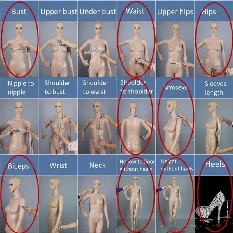 Grid of mannequin measurements with labeled body parts and dimensions.