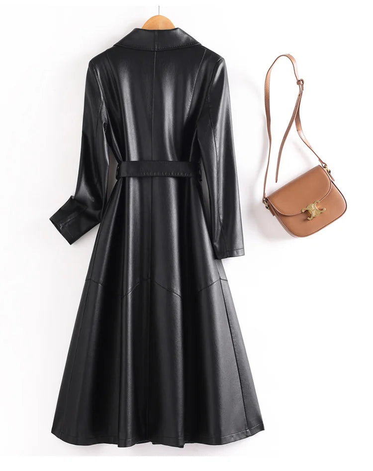 New Elegant Women’s Split Leather Trench Coat | Slim Waist Belted Long Coat with Suit Collar | Spring & Autumn Fashion Casual Outerwear
