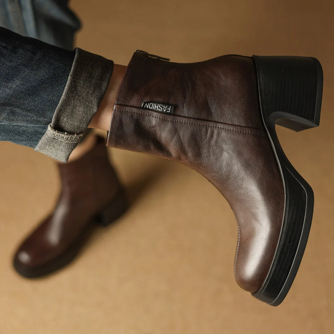 Women’s Genuine Cow Leather Chunky Heel Platform Ankle Boots – High-Quality, Soft, and Comfortable Punk-Style Short Boots with Back Zipper for Autumn