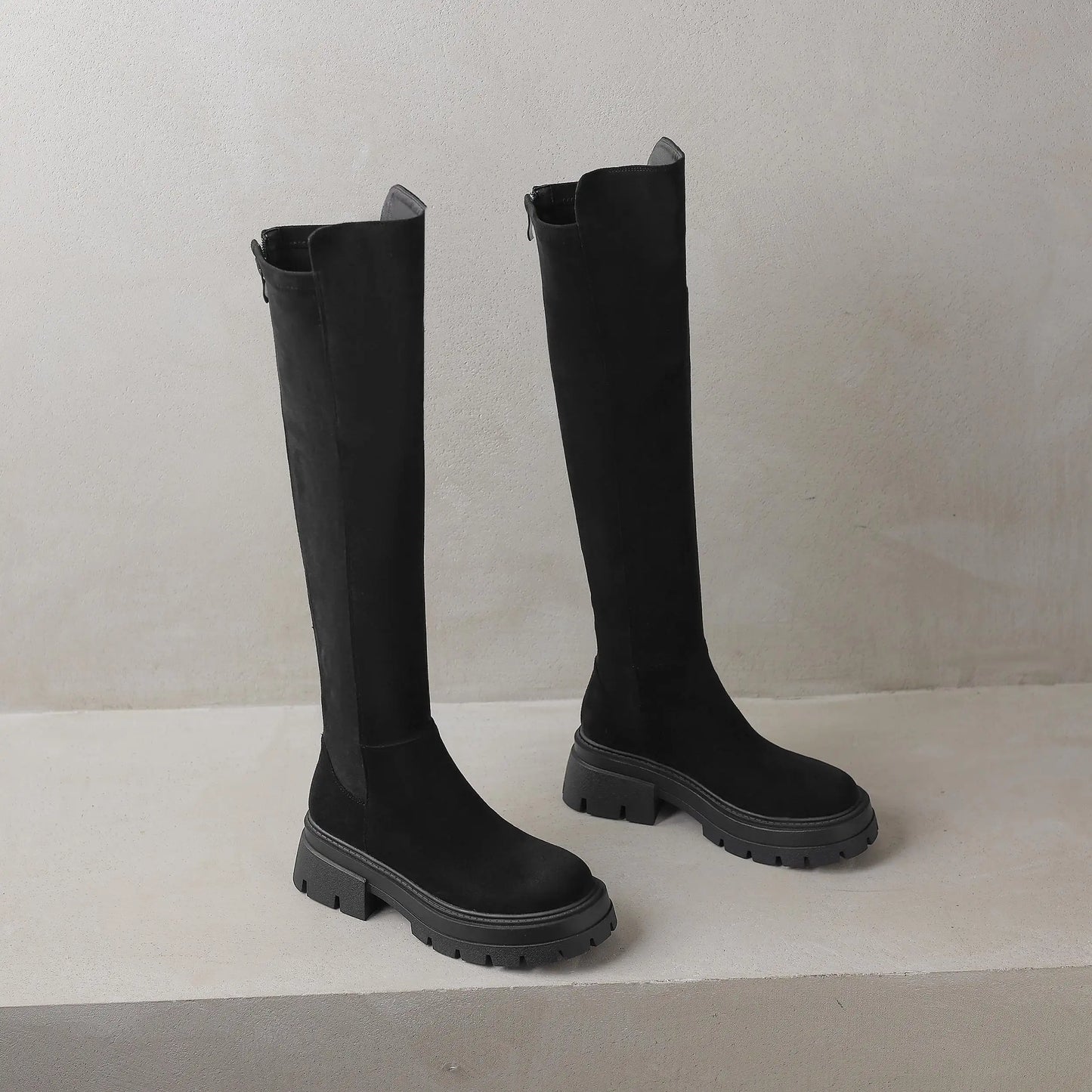 Flock Round Toe Stretch Over-the-Knee Boots with Medium Heels – Elegant, Modern, and Warm Slip-On Style for Leisure and Everyday Chic