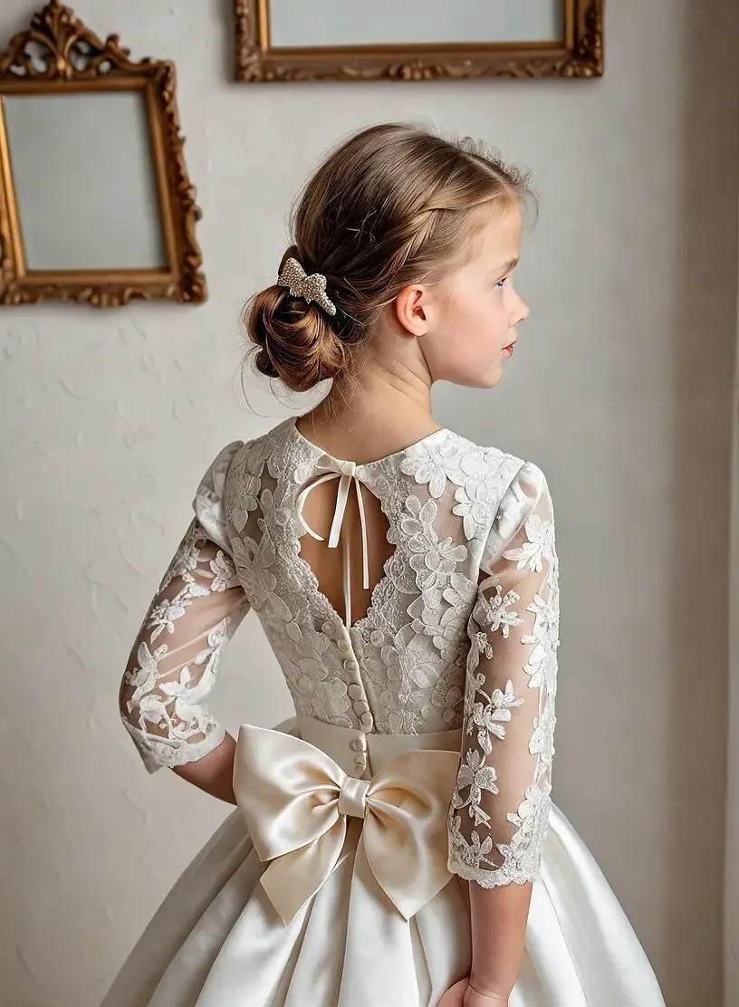 Elegant A-Line Flower Girl Dress Satin Lace Printing Idyllic First Communion Gowns  Kids Girls Birthday Party Evening Gown