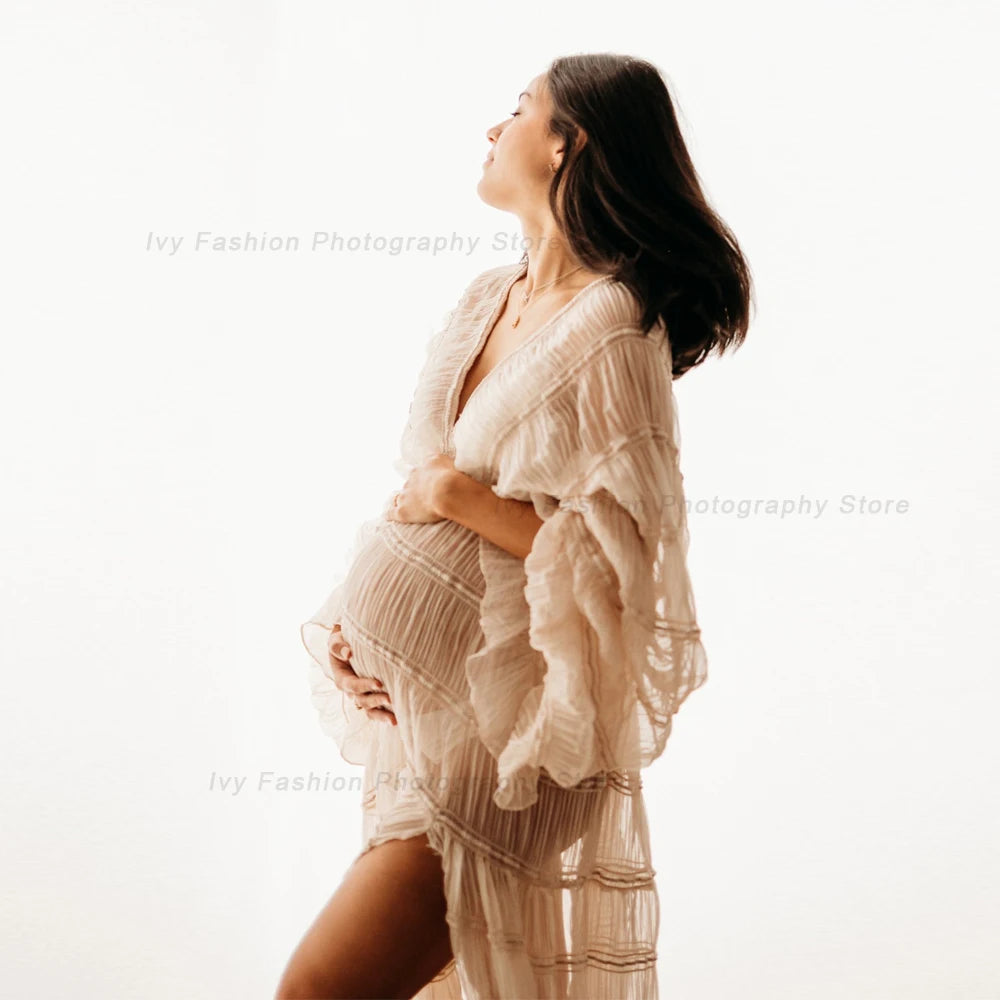 Bohemian V-Neck Long Sleeve Maternity Photography Dress â€“ Pleated Chiffon Pregnancy Photoshoot Gown