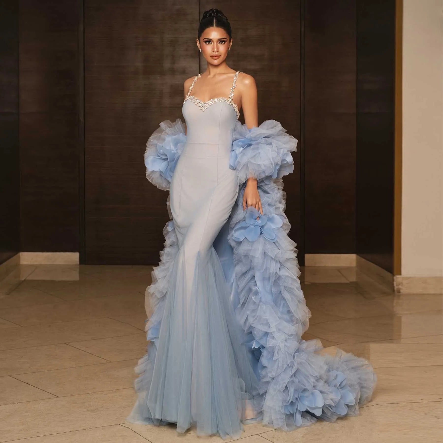 Luxury Fairy Blue Mermaid Evening Gown with Crystal Rose Cape – Strapless 2-Piece Formal Prom Dress - HER SHOP