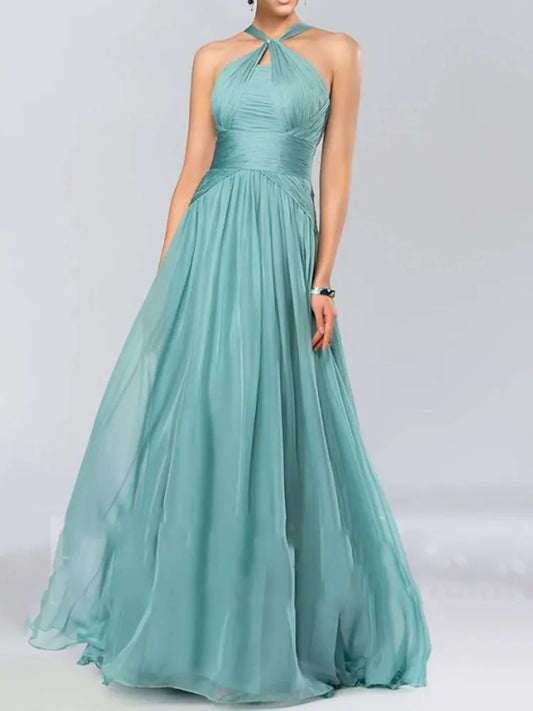 Halter Neck Champagne Bridesmaid Dress – Elegant Chiffon A-Line Floor-Length Gown with Built-in Bra (Customizable) - HER SHOP