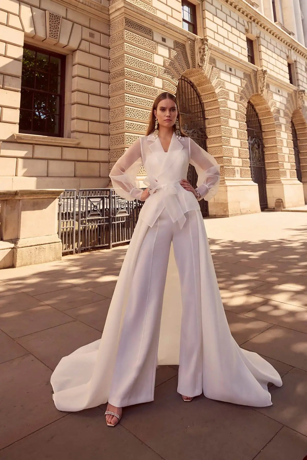 modern courthouse wedding jumpsuit wedding dresses Modern V-Neck Bridal Jumpsuit with Belted Waist and Detachable Tulle Lace Overskirt
