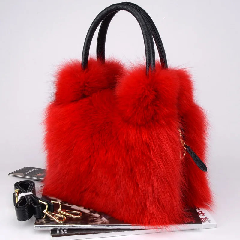 Real Fox Fur Bag Women Fashion Crossbody Bags Natural Fox Fur Chain Shoulder Bag Ladies Silver Fox Fur Clutch Bags Party Bag
