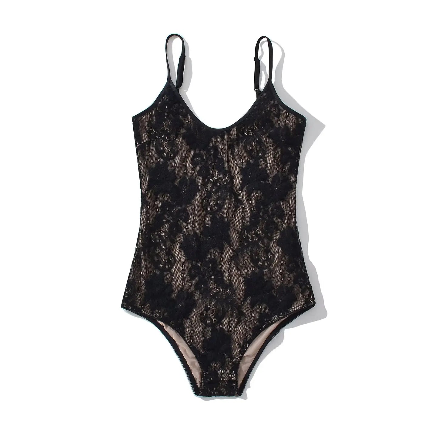 Sexy Sheer Lace Backless Spaghetti Strap Bodysuit with Lining – Slim Fit Tight Short Romper for Women
