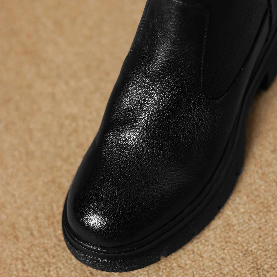 Women’s Genuine Sheepskin Ankle Boots with Side Zip – Round Toe, Soft Comfort, Thick Sole Casual Boots for Autumn