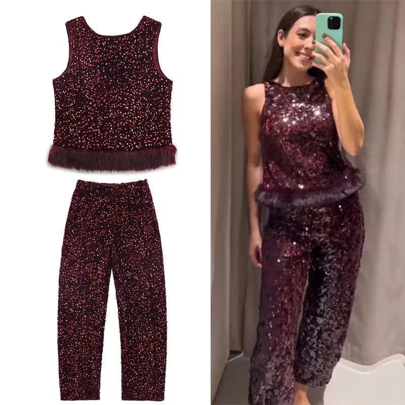 Purple sequin top and pants set with a person wearing it taking a mirror selfie. - HER SHOP