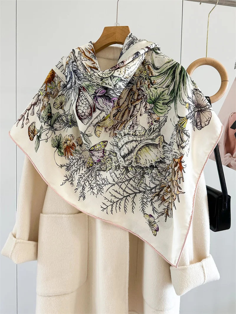 Winter Soft Scarf Double-Faced Printed Shawls Silk Wool Hand-rolled Edge Scarves Square Large Bandanas Shawls Christmas Gift