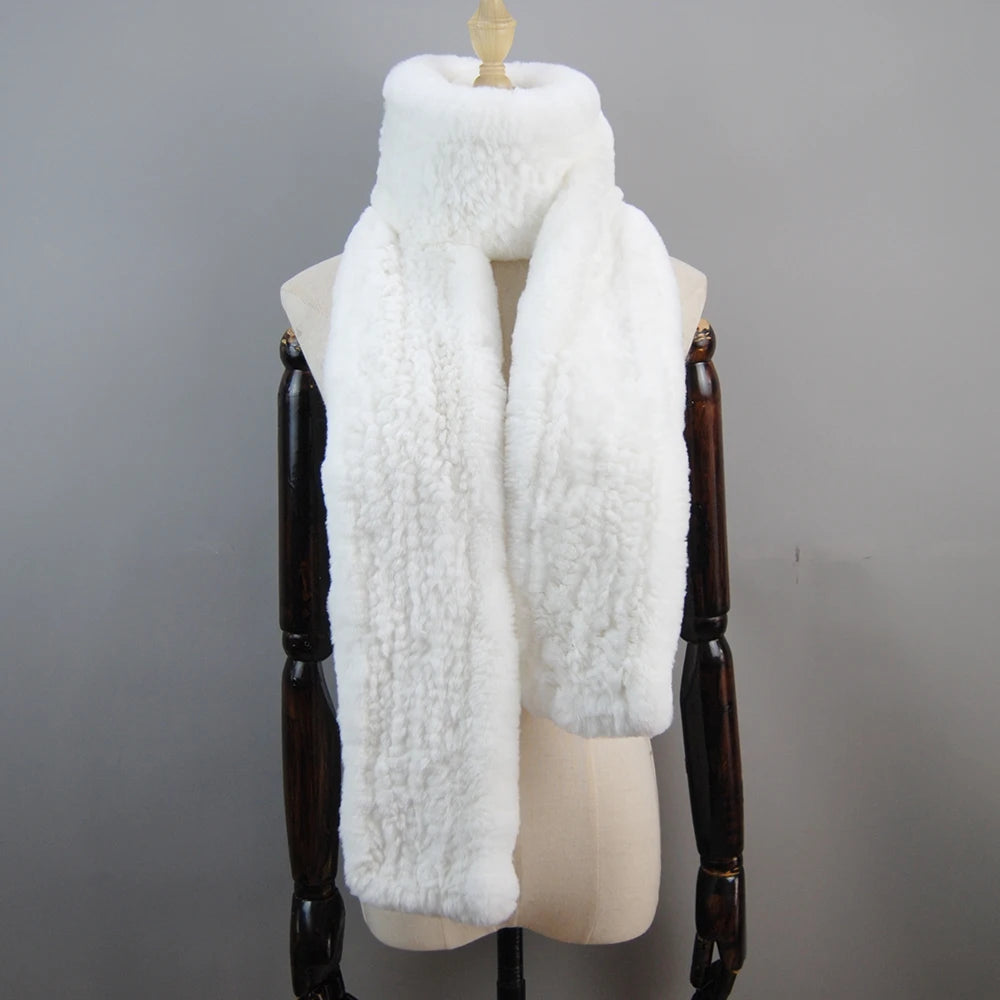 Long Style Genuine Rex Rabbit Fur Scarf– Women's Winter Knitted Ring Scarf & Luxury Muffler