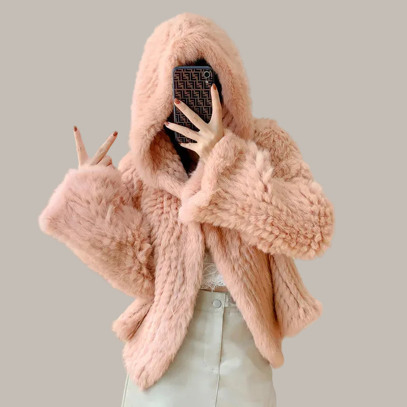 Women’s Real Knitted Rabbit Fur Hooded Jacket – Luxury Casual Winter Fur Coat