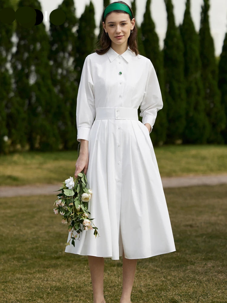 Minimalist Women's Shirt Dress – 2023 Spring Collection, White Pleated Long Dress with Waist Belt, Elegant Casual Style - HER SHOP