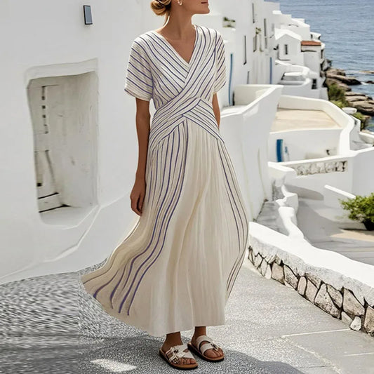 Boho Striped Patchwork Maxi Dress – Spring Summer V-Neck Short Sleeve Loose Party Dress for Women - HER SHOP