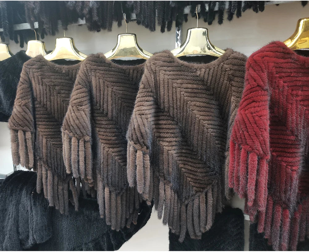 2024 Hot Sale Women Real Fur Poncho Black Brown Knitted Natural Mink Fur Scarves Shawl Lady Fashion 100% Genuine Mink Fur Shawls