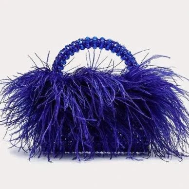 Pearl Bead Bag with Feather Fur – Handmade Designer Acrylic Crystal Stone Evening Tote for Women