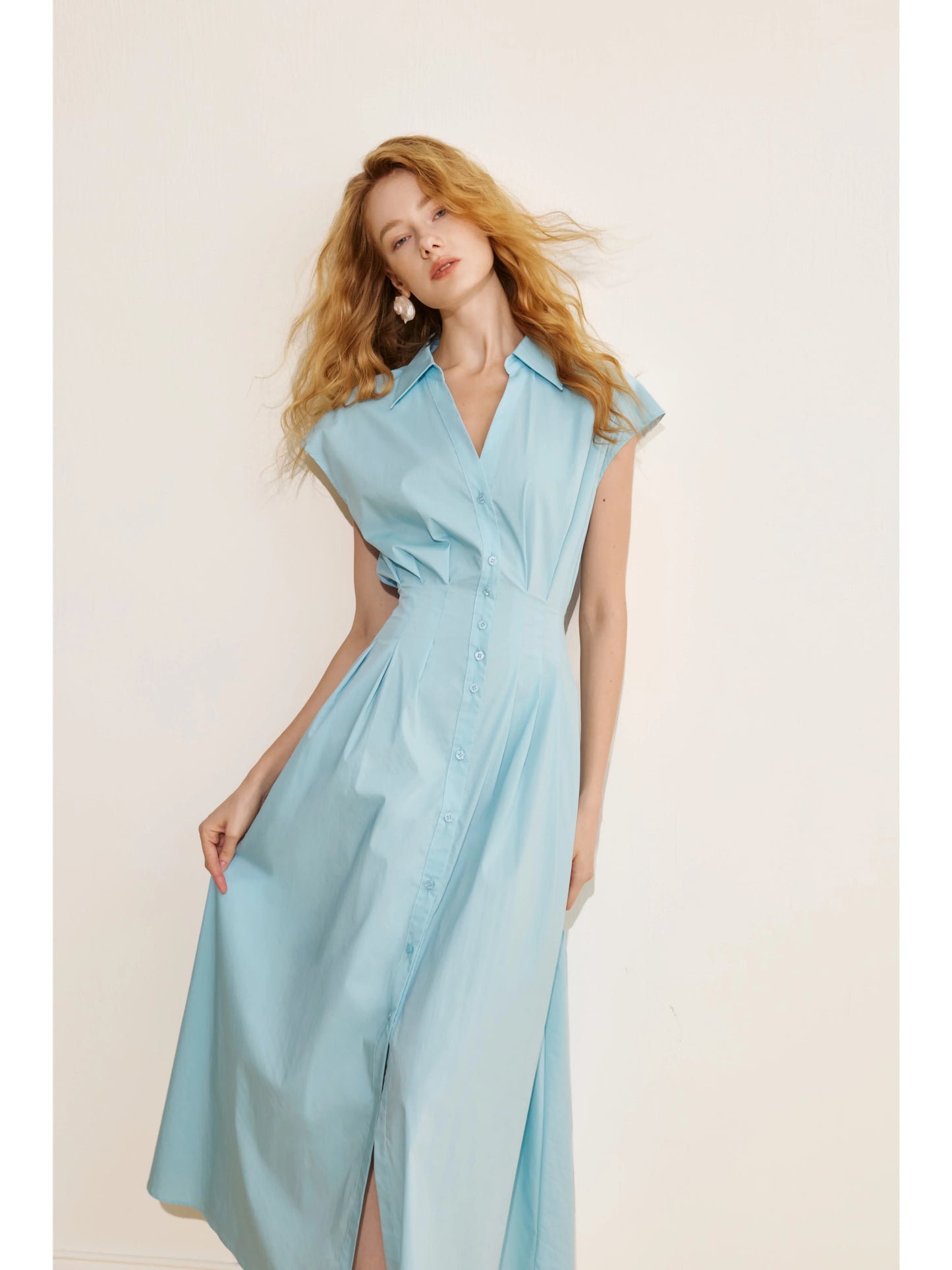 Women’s Light Blue Collared Midi Dress – Button-Front Fit-and-Flare Short Sleeve Dress