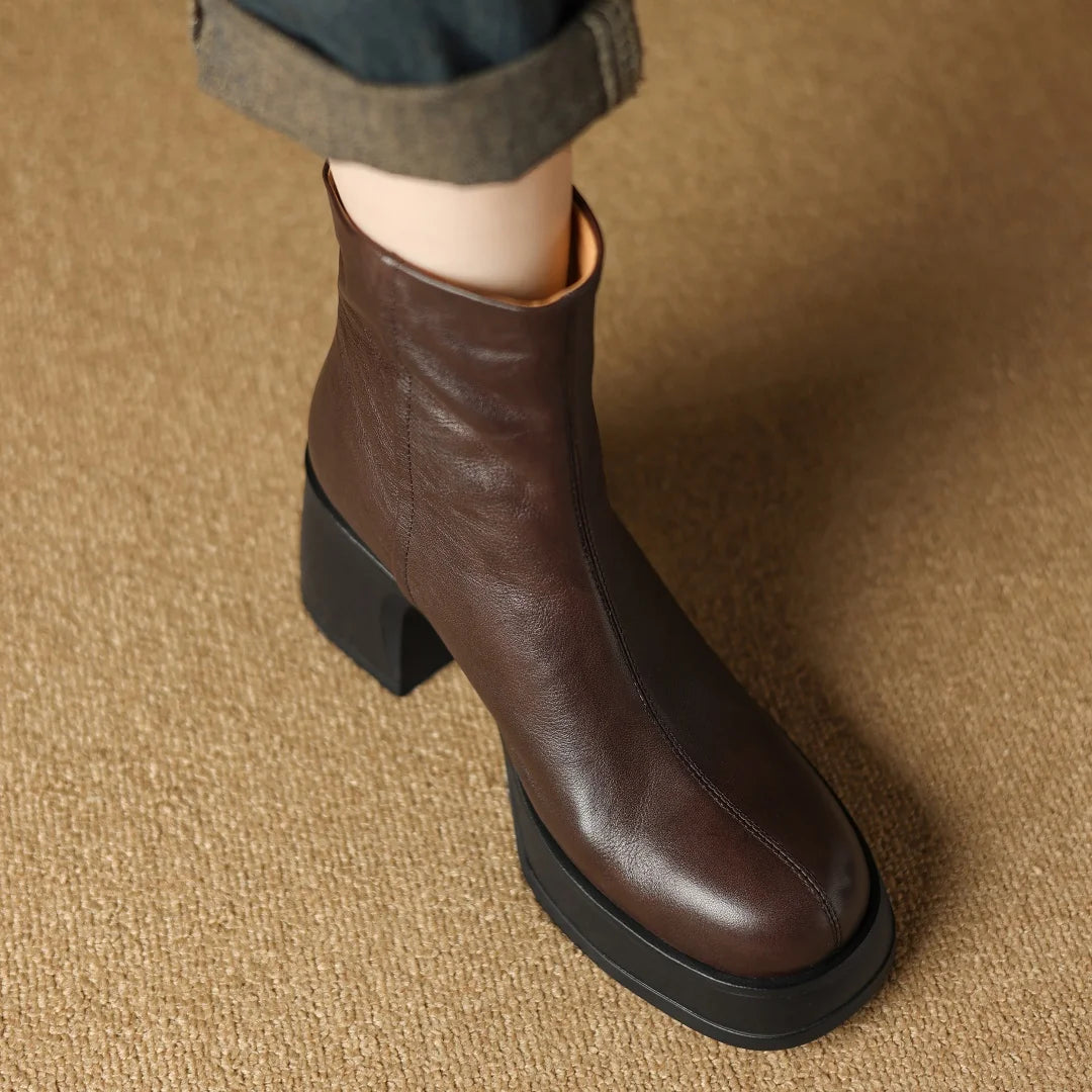Women’s Genuine Cow Leather Chunky Heel Platform Ankle Boots – High-Quality, Soft, and Comfortable Punk-Style Short Boots with Back Zipper for Autumn