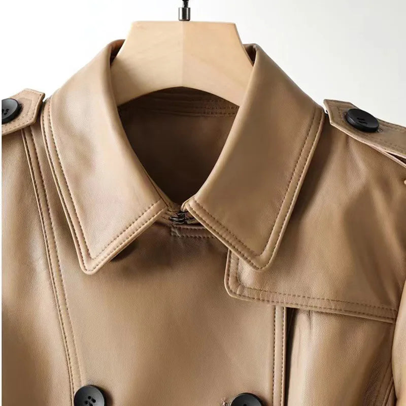 Natural Leather Women's Jacket Autumn Winter Khaki/Black Double Breasted Classic British Style Slim Sheepskin Long Trench Coat