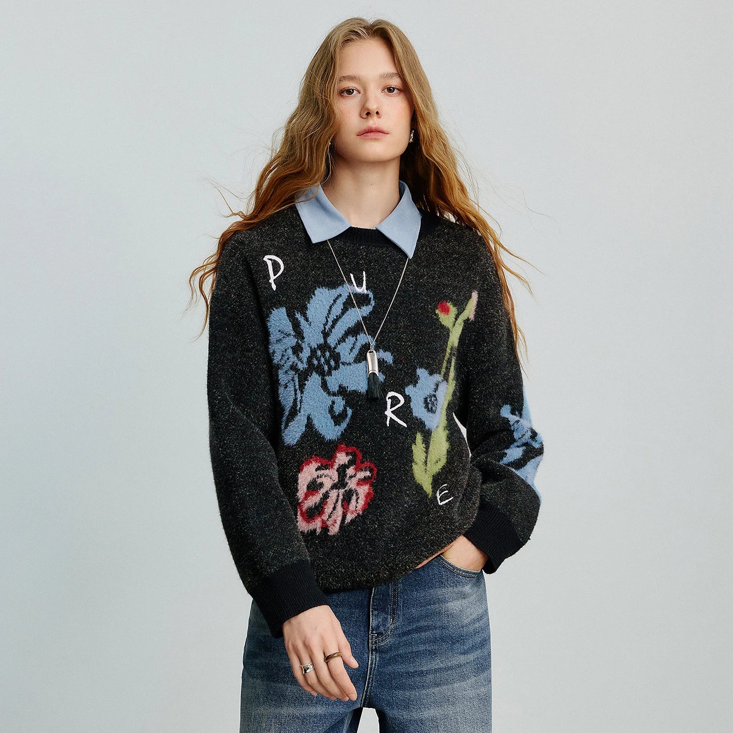 Women Sweater Autumn New Velvet Floral Patter Jacquard Long Sleeve Pullover Tops - HER SHOP