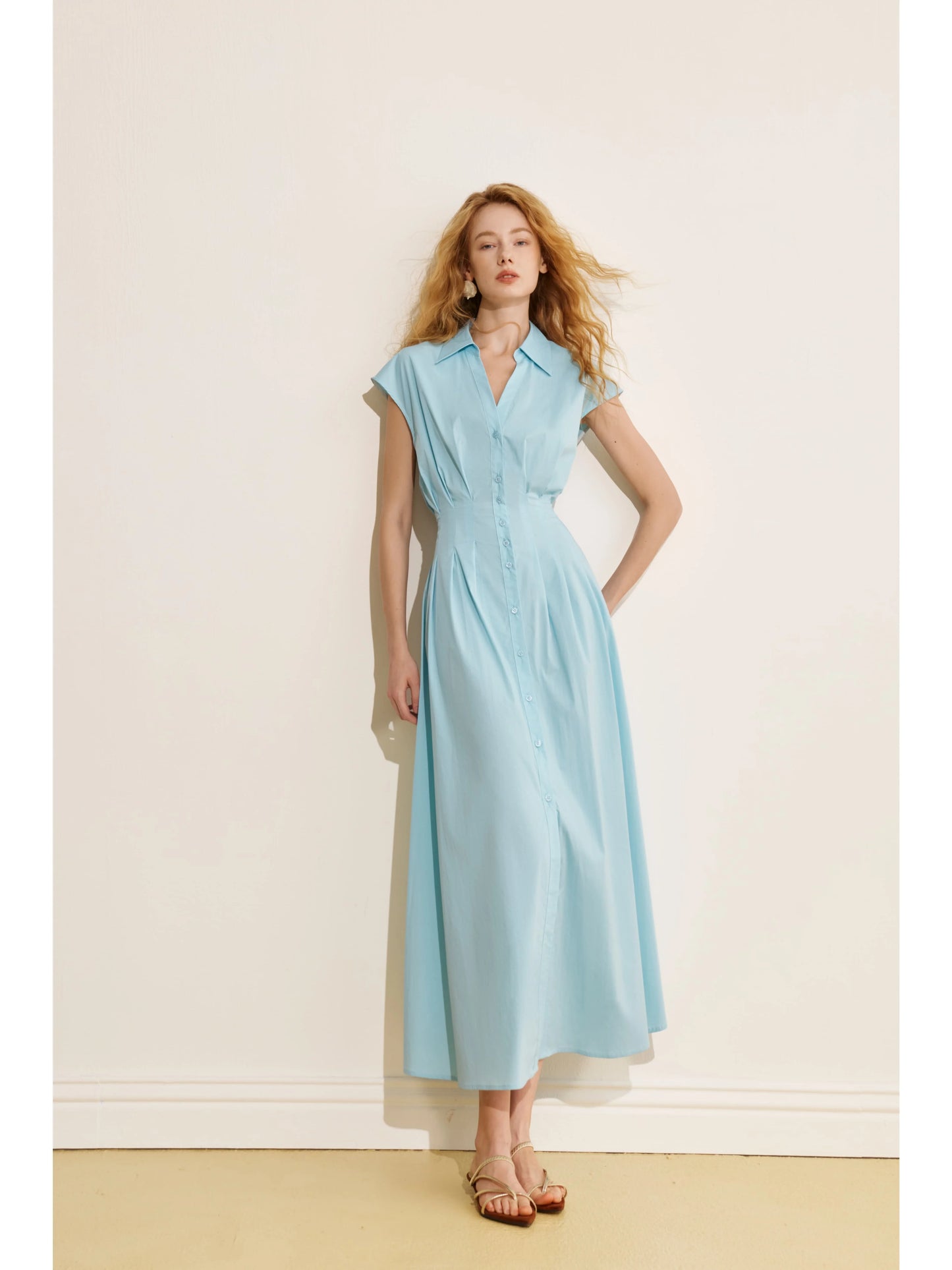 Women’s Light Blue Collared Midi Dress – Button-Front Fit-and-Flare Short Sleeve Dress - Blue - L - 176|China Mainland