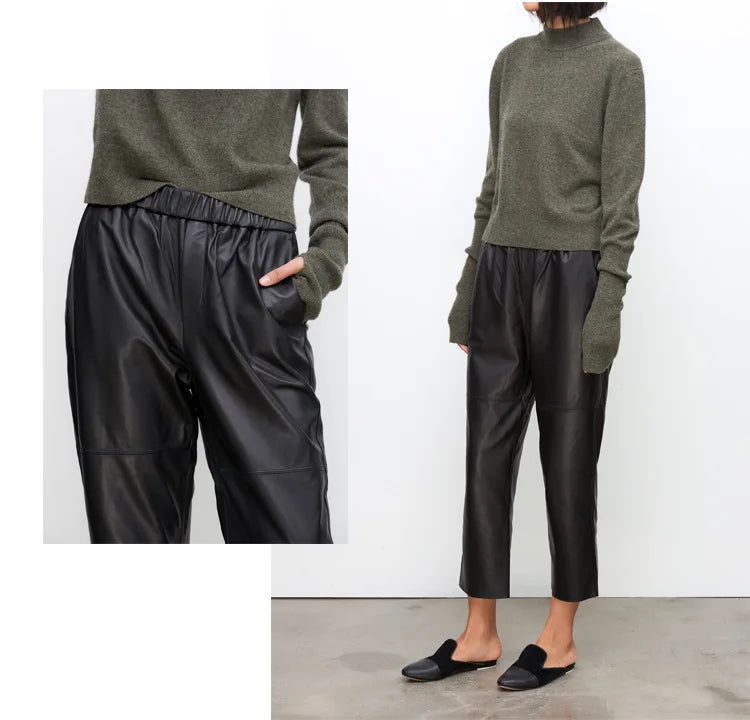 Women’s Genuine Sheepskin Leather Pants – High Waist Straight Fit Ankle-Length Trousers