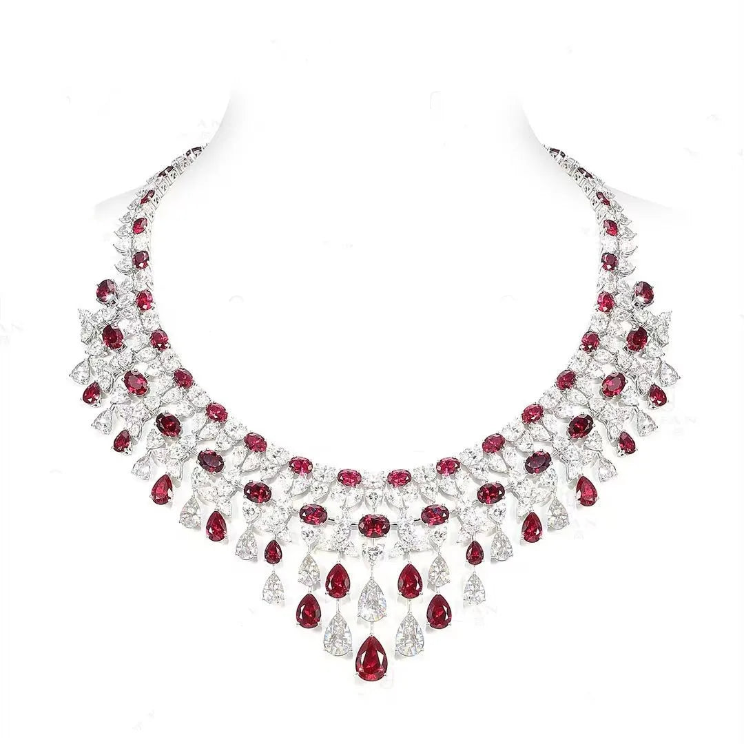 925 Sterling Silver Luxury Elegant Waterdrop Synthetic Ruby and Diamond Gemstone Necklace – Wedding & Party Jewelry for Women - HER SHOP