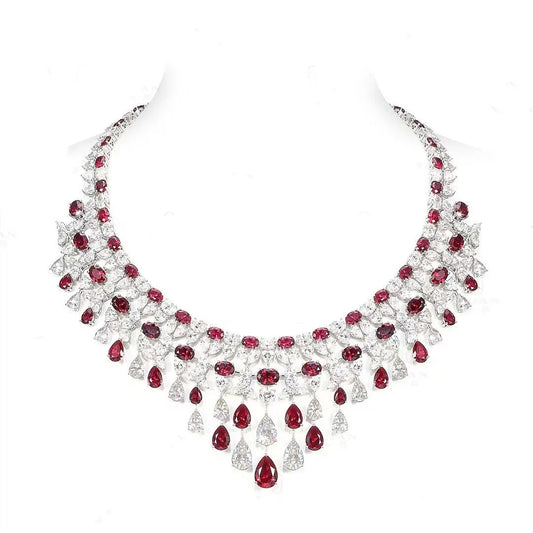 925 Sterling Silver Luxury Elegant Waterdrop Synthetic Ruby and Diamond Gemstone Necklace Wedding & Party Jewelry for Women - HER SHOP