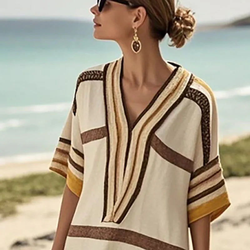 2026 Vintage Striped Midi Dress – Casual V-Neck Short Sleeve Summer & Spring Vacation Dress for Women